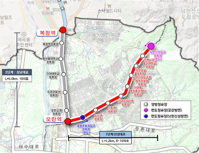 성남~복정 광역BRT 구축사업(1단계 산성대로) 위치도 및 노선도